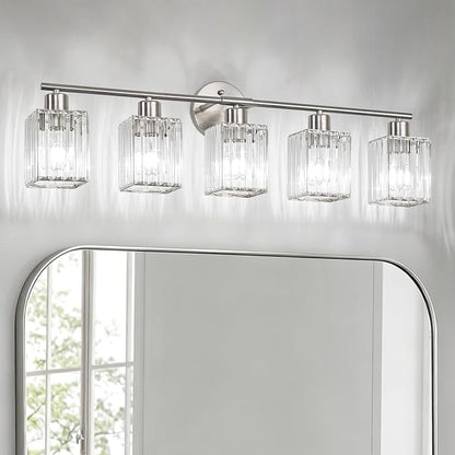 5 Light Bathroom Light Fixtures, Modern Crystal Vanity Lights over Mirror | Metal Frame, Bathroom Light with Square Crystal Shade, ETL Certified, E26 Ceramic Socket, Bulbs Not Included