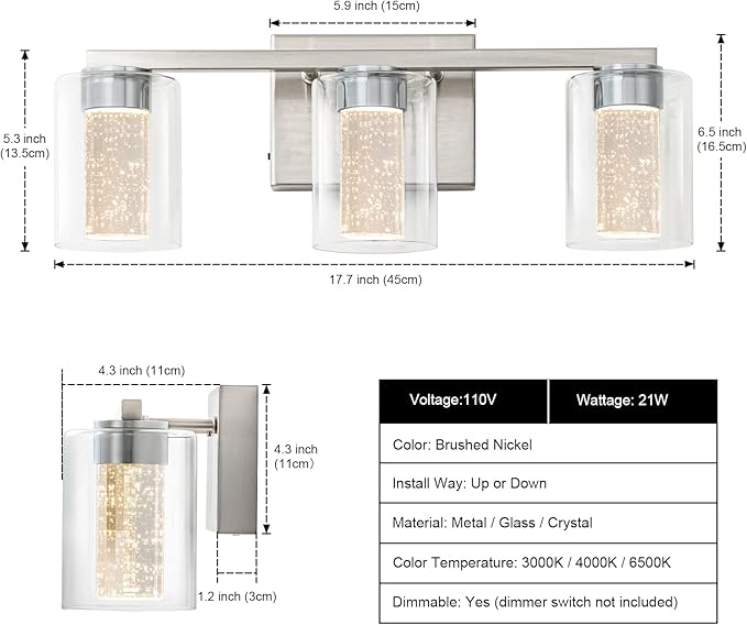 SineRise 3-Light Brushed Nickel Vanity Light with 3 Color Modes (3000K/4000K/6000K), Eye Protection LED Bathroom Light Fixture, Dimmable Modern Wall Light Over Mirror with Clear Glass Shade