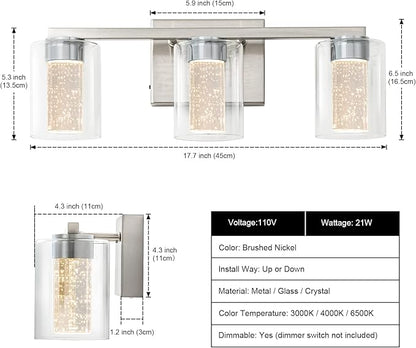 SineRise 3-Light Brushed Nickel Vanity Light with 3 Color Modes (3000K/4000K/6000K), Eye Protection LED Bathroom Light Fixture, Dimmable Modern Wall Light Over Mirror with Clear Glass Shade