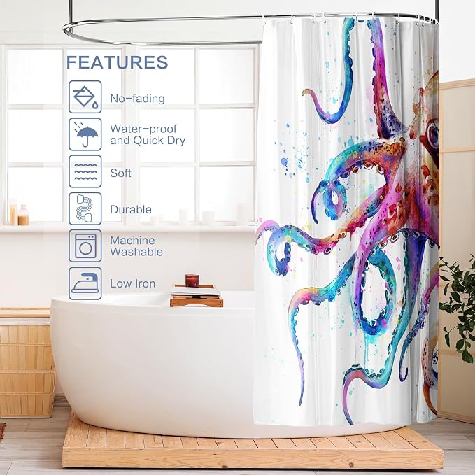 Novelty Summer Shower Curtain Octopus, Nautical Beach Shower Curtain Kraken Ocean Waterproof Polyester Fabric Machine Washable Kids Bathroom shower curtains Decor Bath Curtains with Hooks, 72 x 72