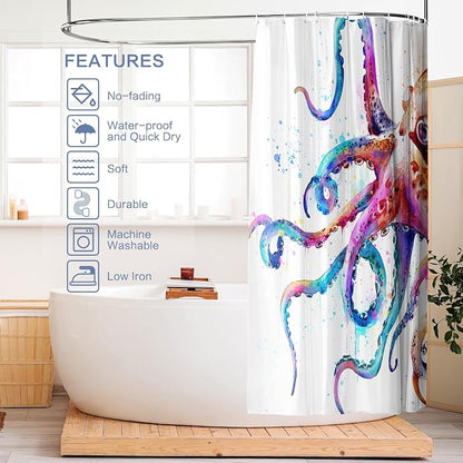 Novelty Summer Shower Curtain Octopus, Nautical Beach Shower Curtain Kraken Ocean Waterproof Polyester Fabric Machine Washable Kids Bathroom shower curtains Decor Bath Curtains with Hooks, 72 x 72