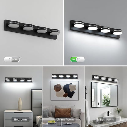 Vanity Lights for Bathroom, 25.6in Matte Black Bathroom Light Fixtures Over Mirror, 4-Light Modern LED Wall Sconce Makeup Lighting, 350° Rotatable, Dimmable 5500K Cool White, Hardwired