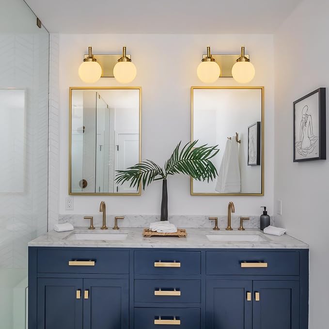 2 Lights Bathroom Vanity Light Fixtures Modern Gold Vanity Light with Milk White Glass Globe Shade Bathroom Lighting Over Mirror Wall Sconce for Bedroom Living Room Hallway