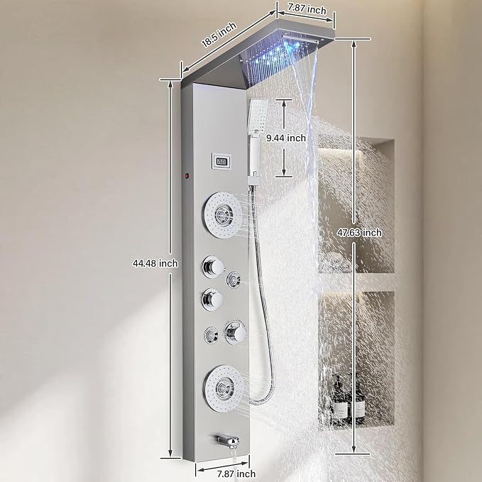 FUZ Shower Panel Tower System, Stainless Steel 6 Function Shower Panel System with LED Fancy Rain Shower Head and Handheld, Comfortable Rain Massage Body Jet and Tub Spout, Brushed Nickel Shower Tower