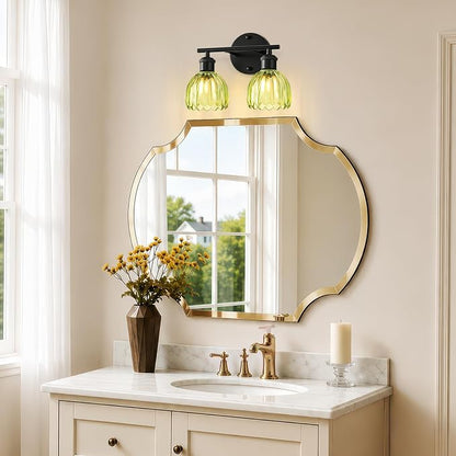 Bathroom Light Fixtures, 2-Light Black Vanity Lights for Bathroom with Green Tulip Glass Shade, 12" Vintage Bathroom Vanity Lighting Fixtures Over Mirror for Bedroom Living Room Hallway