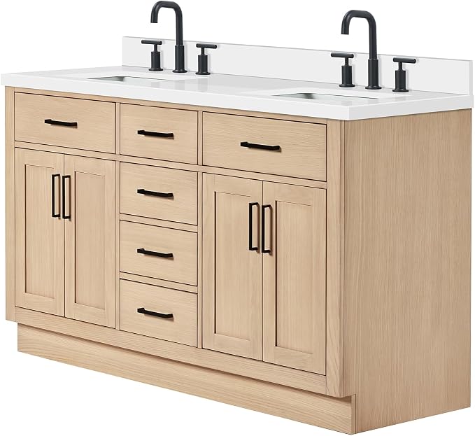 ARIEL Hepburn 60-inch Bathroom Vanity with Sink,Solid Wood, 1.5-inch Pure White Quartz Countertop, Double Rectangular Porcelain Sink, 4 Soft Closing Doors, 6 Dovetail Drawers, White Oak