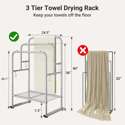 ELYKEN 40'' Tall Standing Towel Racks, 3 Tier Towel Drying Rack Outdoor, Pool Towel Stand Blanket Holder with Shelf & 4 Removable Hooks, Metal Freestanding Towel Racks for Bathroom, Smooth Silver