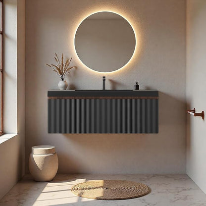 Floating Bathroom Vanity, 42" Wall Mounted Bathroom Cabinet with Matte Black Quartz Sand Sink & U-Shaped Soft-Close Drawer, Pre-Assembled Striped Storage Vanity for Bathroom, Walnut&Black