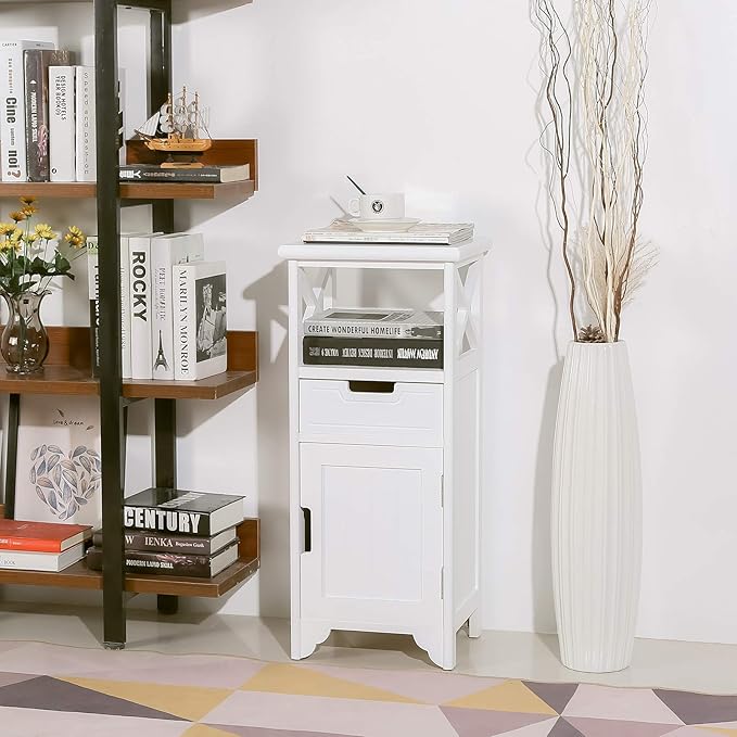 End Table with Drawer and Doors(Fully Assembled), 30" Height Floor Standing Storage Cabinet with Shelf for Bathroom, Solid Wood Side Table/Nightstand/Side Cabinet for Bedroom -White