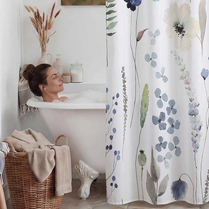 No Hook Floral Shower Curtain with Liner, Navy Blue, 71x74 | Snap in Liner, 3 in 1, Water Repellent, Easy Install, Machine Washable, Hotel Style for Bathroom, Watercolor Pattern