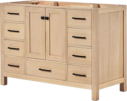 ARIEL Cambridge 48-inch Bathroom Vanity Base Cabinet,Solid Wood, 2 Soft Closing Doors, 9 Dovetail Drawers, White Oak