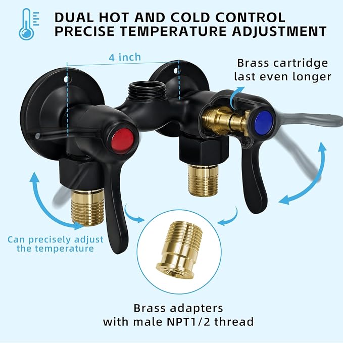 Outdoor Shower Kit Fixture Dual Handle Solid Brass 4 Inch Center Mix Valve with 59 Inch Hose and Showerhead Outdoor Shower System with ABS 6 Spray Mode Handheld Matte Black