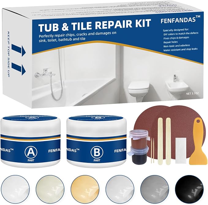 Tub and Fiberglass Shower Repair Kit White, Porcelain Tile Repair Kit | Porcelain Sink and Acrylic Bathtub Repair Kit for Cracks Chips Dents Holes Almond/Biscuit/Bone 3.7oz