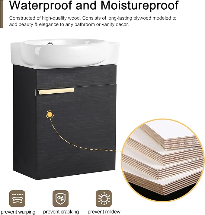 Malwee 16" Floating Bathroom Vanity with Sink, 16 Inch Single Sink Wall Mounted Bathroom Vanity, with 1 Door and White Ceramic Top for Small Space, Modern Wall Hung Cabinet Storage(029-16BCT)