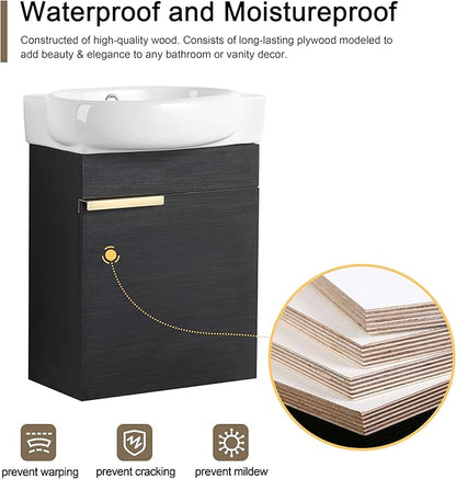 Malwee 16" Floating Bathroom Vanity with Sink, 16 Inch Single Sink Wall Mounted Bathroom Vanity, with 1 Door and White Ceramic Top for Small Space, Modern Wall Hung Cabinet Storage(029-16BCT)
