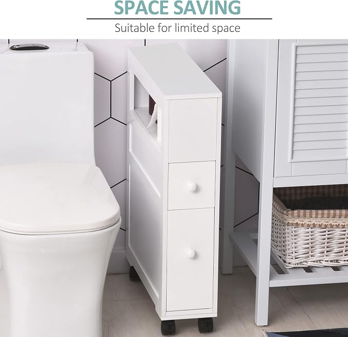 HOMCOM 6.25" x 20.5" x 28.25" Wood Rolling Narrow Bathroom Side Storage Cabinet - White