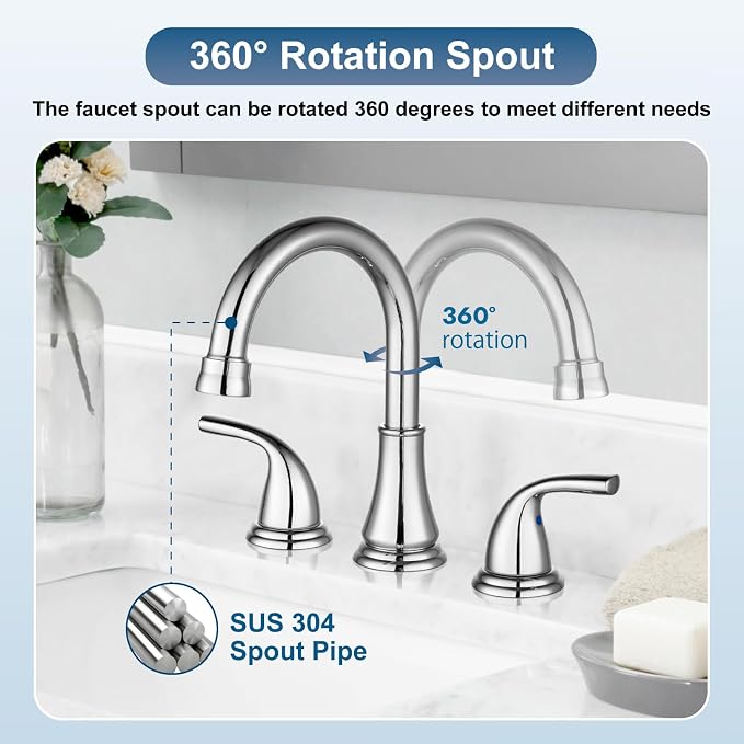 Polish Chrome Widespread Bathroom Sink Faucet, 3 Hole 8 Inch | Modern Bathroom Faucet 3-Hole,2 Handles,Pop-Up Drain & Supply Lines,Deck Mount Vanity Faucet,1.2 GPM,SUS304 Stainless Steel