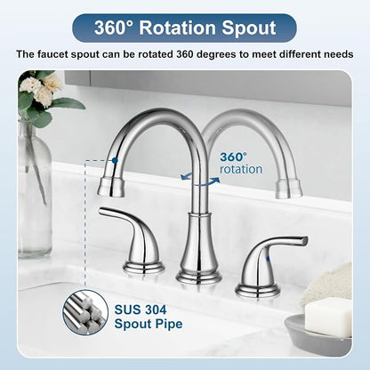 Polish Chrome Widespread Bathroom Sink Faucet, 3 Hole 8 Inch | Modern Bathroom Faucet 3-Hole,2 Handles,Pop-Up Drain & Supply Lines,Deck Mount Vanity Faucet,1.2 GPM,SUS304 Stainless Steel