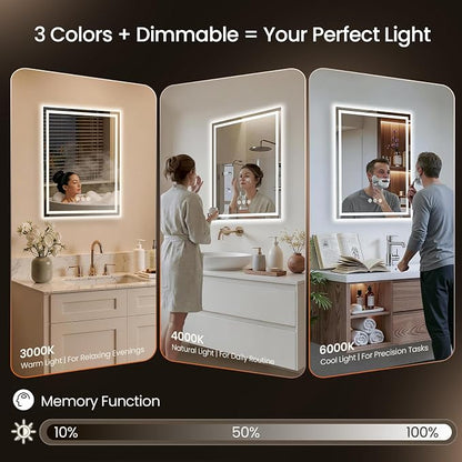 32x36 LED Bathroom Mirror with Anti-Fog, Backlit & Front Lit, Memory | Stepless Dimmable 3 Color CRI 95+ Shatterproof Tempered Glass ETL Listed for Safety Lighted Bathroom Vanity Mirror for Wall