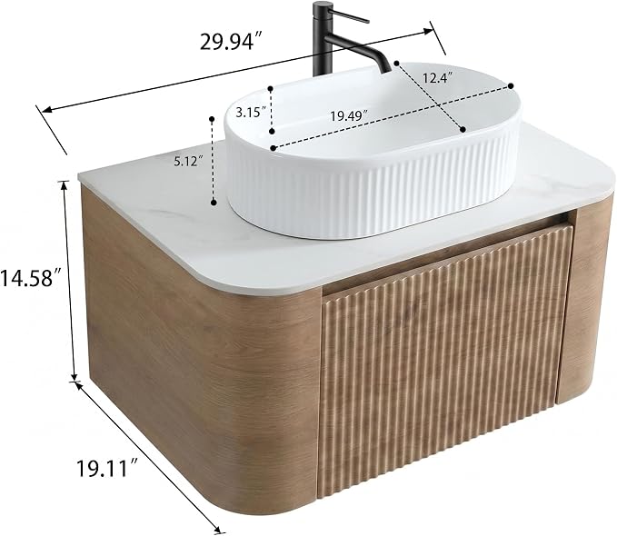 30" Preassembled Floating Bathroom Vanity with White Sink, Oak | Mid-Century Modern Style, Fluted & Soft-Close Drawer with U-shaped Wall, Sinterted Stone Countertop, Towel Rack Included