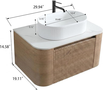 30" Preassembled Floating Bathroom Vanity with White Sink, Oak | Mid-Century Modern Style, Fluted & Soft-Close Drawer with U-shaped Wall, Sinterted Stone Countertop, Towel Rack Included