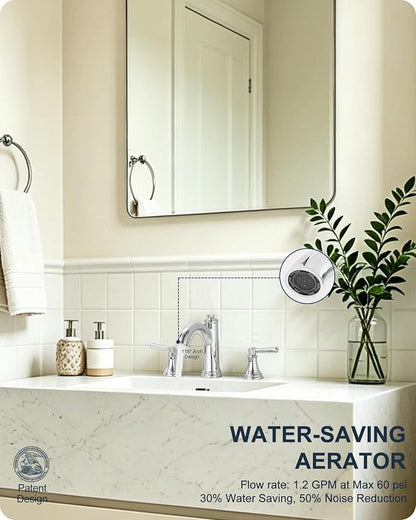 Brass Bathroom Faucets 3 Hole, Chrome Bathroom Faucet 4-16 Inch | Lead-Free, Widespread 2 Handles, Pop-Up Drain, Pre-installed cUPC Supply Hoses, 10 Mins Install, For Vanity Restroom Lavatory