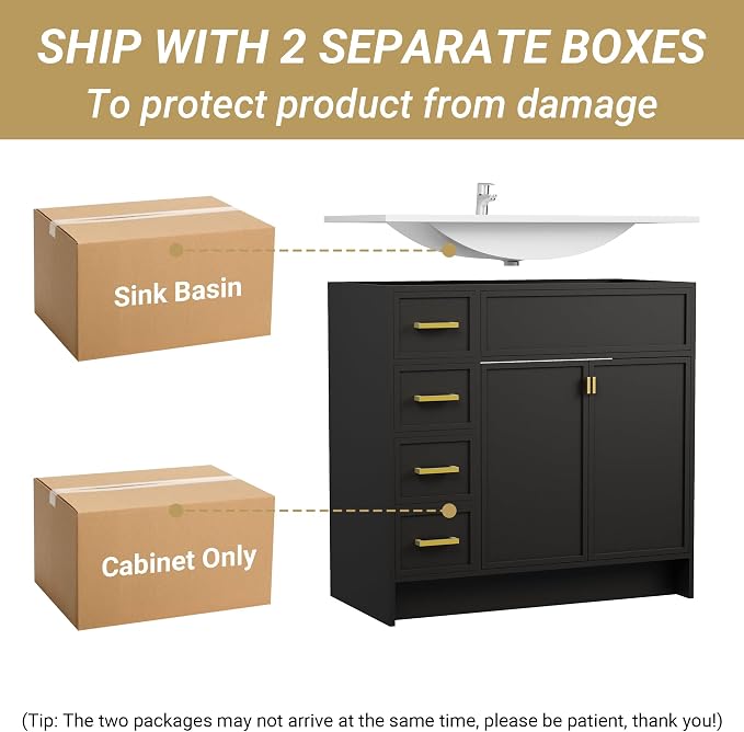 36 Inch Freestanding Bathroom Vanity with Sink, Shaker Style Black Cabinet with 4 Drawers & Double Doors, Waterproof Lacquer Finish, Multi-Drawer Storage for Master Bathroom