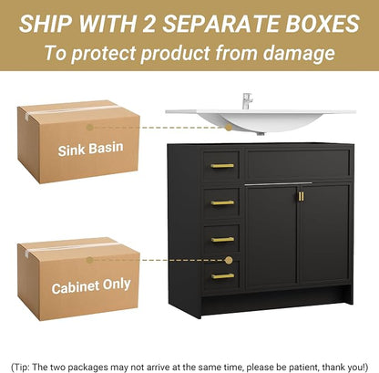 36 Inch Freestanding Bathroom Vanity with Sink, Shaker Style Black Cabinet with 4 Drawers & Double Doors, Waterproof Lacquer Finish, Multi-Drawer Storage for Master Bathroom