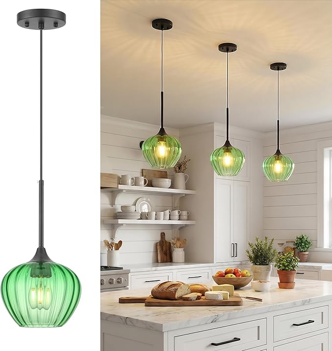 Green Pendant Lights Kitchen Island, 7.7" Vintage Glass Pendant Lighting Samll Adjustable Hanging Light Fixtures for Kitchen, Dining Room, Sink, Bathroom