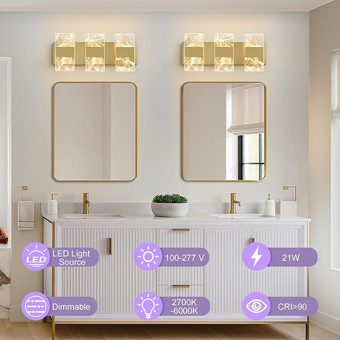 Modern LED Bathroom Light Fixtures Dimmable 3-Light Gold Vanity Light, 5CCT Adjustable Lighting Fixture Vanity Lights Over Mirror, Smoked Acrylic LED Vanity Lights for Bathroom
