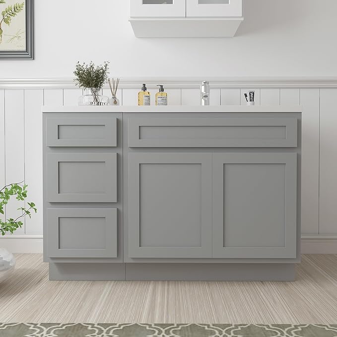 Vanity Art 54 inch Bathroom Vanity with Double Shutter Door, Gray Bathroom Vanity Cabinet with Soft Closing Shaker Drawer, Sturdy Floor Mounted Storage Cabinet Organizer for BathroomVA4039 & VA4015-3