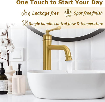 Brushed Gold Tall Bathroom Faucet,Single Hole Bathroom Sink Faucet | Deck Mount Single Handle One Hole Lavatory Vanity Faucet with Pop Up Drain Assembly Bathroom Sink Faucet for Mixer Bowl