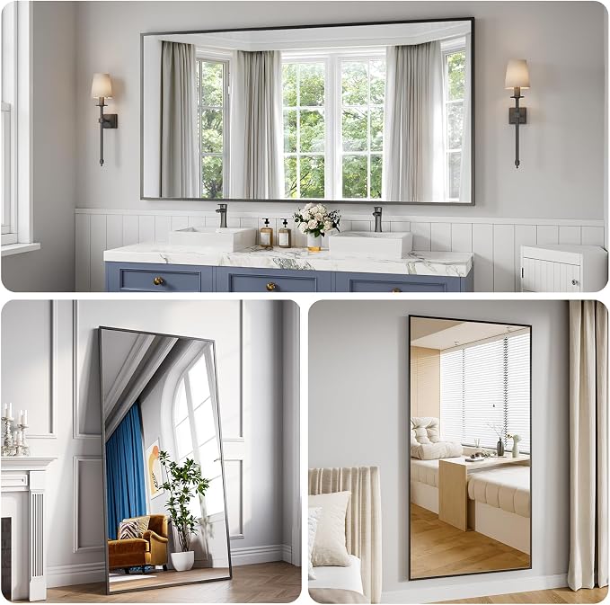 Koonmi Bathroom Mirror 36x71 Matte Black Bathroom Wall-Mounted Mirrors, Modern Rectangle Vanity Mirror, HD Tempered Glass, Aluminum Alloy Frame Allow to Hang Horizontally or Vertically