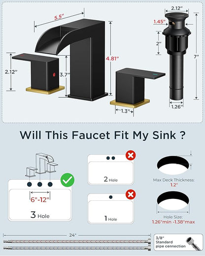 FORIOUS Square Black and Gold Bathroom Faucets 3 Hole, Waterfall 8 Inch Widespread Bathroom Sink Faucet with Metal Pop-up Drain and Supply Lines, Two Handles for Vanity, Laundry Room, Basin