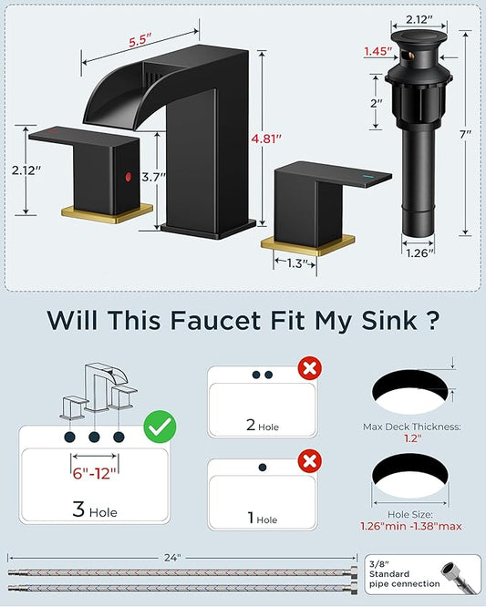 FORIOUS Square Black and Gold Bathroom Faucets 3 Hole, Waterfall 8 Inch Widespread Bathroom Sink Faucet with Metal Pop-up Drain and Supply Lines, Two Handles for Vanity, Laundry Room, Basin