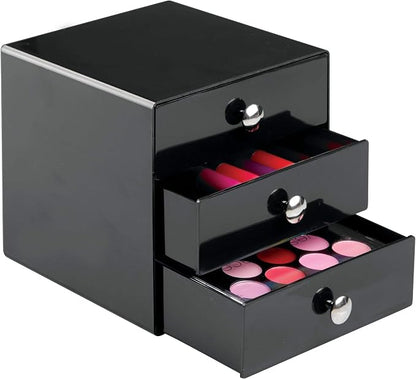 iDesign 35360 3-Drawer Plastic Vanity Organizer, Compact Storage Organization Set for Cosmetics, Dental Supplies, Hair Care, Bathroom, Dorm, Desk, Countertop, Office, 6.5" x 6.5" x 6.5", Black | BPA-Free Plastic
