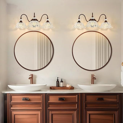 Antique Red Bronze Finish Bathroom Vanity Light, 3-Light Vintage Vanity Light with Floral Clear Glass Shades, Retro Wall Mount Lighting for Bathroom, Dressing Table