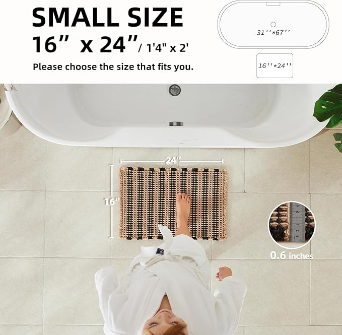 TYUU Waffle Bath Mat, Small Boho Bathroom Rugs Non Slip 24x16 Black & Khaki | Super Absorbent Quick Dry Bath Rug, Non-Slip Backing, Soft Waffle Washable Farmhouse Bathroom Mats, Tub, Shower & Home Decor
