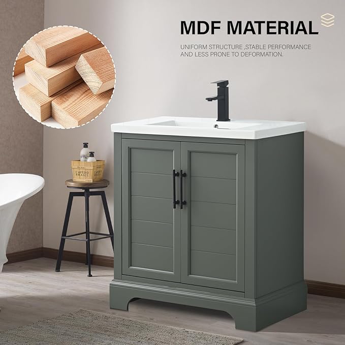 HOMEBEYOND 30 Inch Bathroom Vanity with Single Sink & Ceramic Top, Vanity Cabinet with Center Countertop Basin, Soft-Closing Doors, Vintage Green
