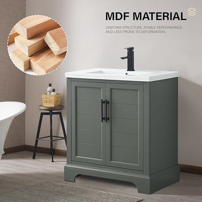 HOMEBEYOND 30 Inch Bathroom Vanity with Single Sink & Ceramic Top, Vanity Cabinet with Center Countertop Basin, Soft-Closing Doors, Vintage Green