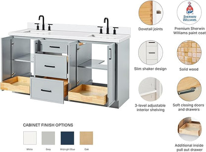 ARIEL Kelly 66-inch Bathroom Vanity with Sink,Solid Wood, 1.5-inch Pure White Quartz Countertop & Backsplash, Double Rectangular Porcelain Sink, 4 Soft Closing Doors, 5 Dovetail Drawers, Grey