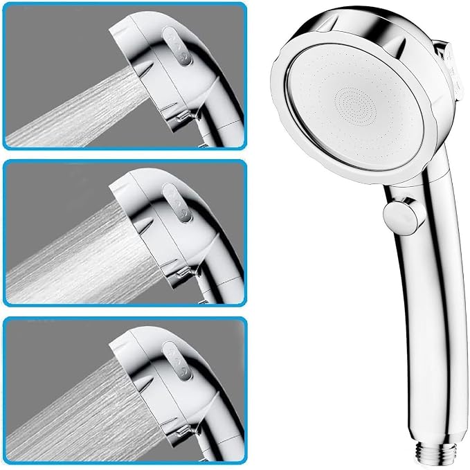 3-Setting Detachable Shower Head, Chrome Finish | High Pressure Water Saving, ON/OFF Switch, 3 Spray Modes, Interface G1/2 (0.8 inches)