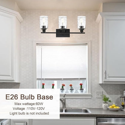 MELUCEE 3-Light Bathroom Light Fixtures Black Finish with Hammered Glass | Vanity Lights Over Mirror Industrial Wall Light Fixture Suitable for Living Room Porch Kitchen (Patent No.: US D963914 S)