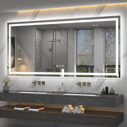 77x36 LED Lighted Bathroom Mirror for Vanity Wall | Front Light and Backlit, Anti-Fog, Memory, 3 Color, Tempered Glass, Dimmable, Rectangular, UL, Horizontal/ Vertical Mounted