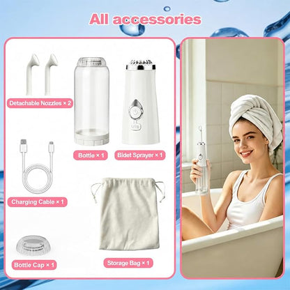 Portable Bidet for Travel - IPX7 Waterproof & 4 Spray Modes | 2 Quick‑Detachable Nozzles, Electric Handheld Bidet for Women, Compact Design for Home Travel Postpartum Personal Hygiene