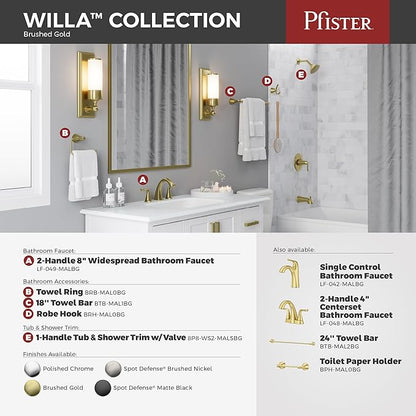 Pfister Willa Bathroom Sink Faucet, 8-Inch Widespread, 2-Handle, 3-Hole, NSF Certified, Brushed Gold Finish, LF049MALBG