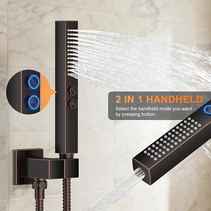 Oil Rubbed Bronze Shower System with Tub Spout, Ceiling Mounted Bathtub Shower Faucet Set, 12" Rainfall Shower Head and Handheld Shower Combo, High Pressure Shower Fixtures Set with Rough-in Valve