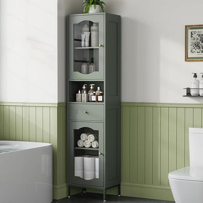 66.4" Tall Bathroom Storage Cabinet with Adjustable Shelves and Glass Doors, Anti-Tipping Narrow Cabinet, Linen Cabinet for Bathroom, Kitchen, Living Room, Olive Green