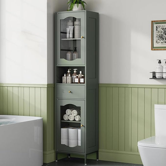 66.4" Tall Bathroom Storage Cabinet with Adjustable Shelves and Glass Doors, Anti-Tipping Narrow Cabinet, Linen Cabinet for Bathroom, Kitchen, Living Room, Olive Green