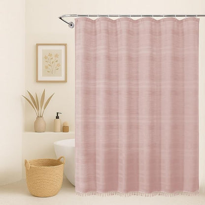 Pink Shower Curtain 78 Inch Long, Boho Thick Linen Textured Shower Curtain with Tassel, Farmhouse Minimalist Striped Weighted Machine Washable Bathroom Decor, 72Wx78L Inches
